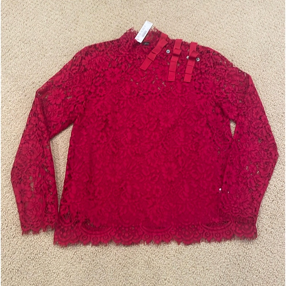 J Crew Floral Lace Long Sleeve Crew Neck Blouse with Bow Detail Cami Under
